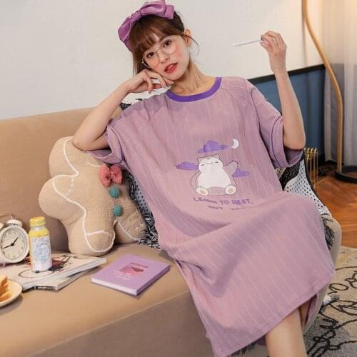 Home Style Cotton Nightdress Knee-Length Summer Short Sleeve Nightgowns Elegant Purple Women Sleepwear Kawaii Cartoon Nightshirt