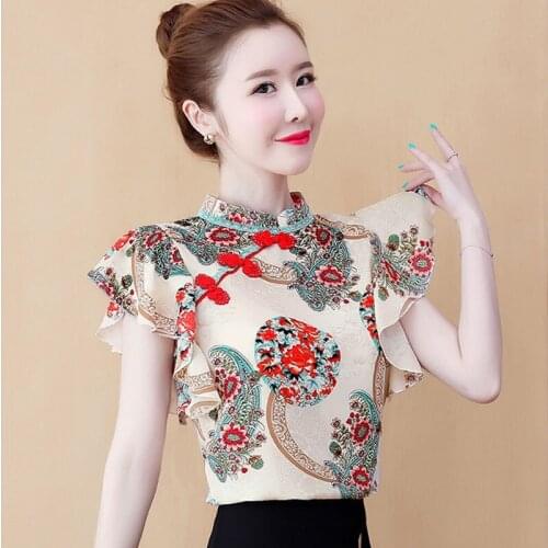 2021 spring and summer fashion new retro Chinese style design niche chiffon top ruffled floral blouse western style casual