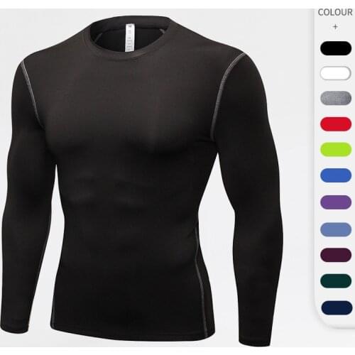 Solid Color Men T-Shirt Sport Jogging Workout Tight Shirts Elastic Quick Dry Gym Clothing Compression Fitness Casual Sportswear