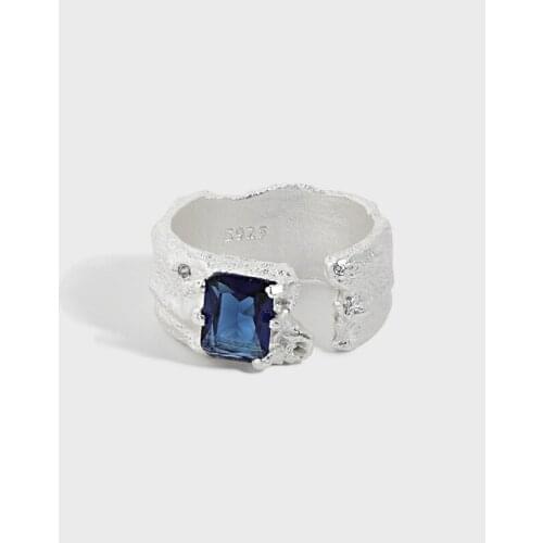 Authentic S925 Sterling Silver FINE Jewelry Blue sapphire &Pink CZ Rose Quartz Square Irregular band Ring Resiable C-510