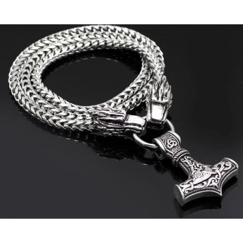 Viking Wolf Head With Thors Hammer Mjolnir Scandinavian Bear Paw Wolf Pendant NECKLACE With Stainless Steel Chain