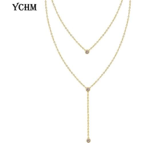 Women Zircon Necklace Stainless Steel Tassel Necklace For Women With Crystal Zircon Long Chain Tassel Layerd Necklace YCHM