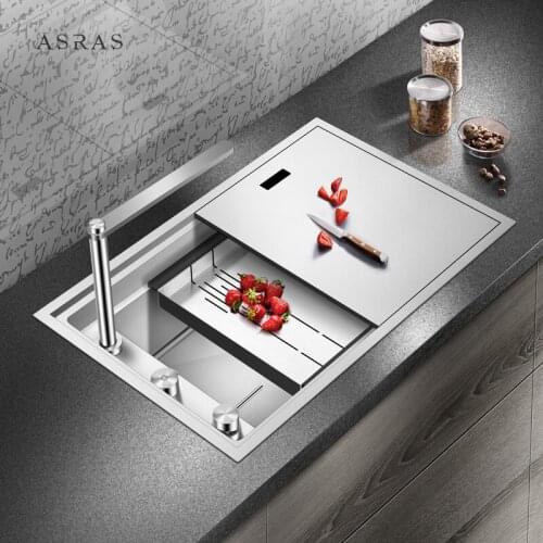 ASRAS 6443S/7247S Handmade Hidden Kitchen Sink With Cover And Intelligent Lift 304 Stainless Steel Single Sink Set With Faucet
