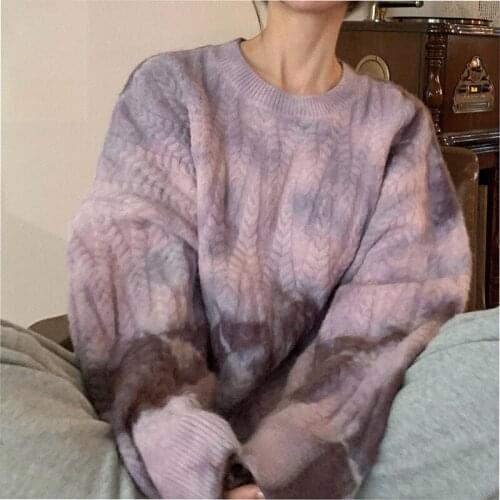 Tie-dye Printing Colorful Rainbow Ladies Autumn And Winter Sweaters Elegant Wild Sweet Chic Design Retro Twist Ladies Sweater