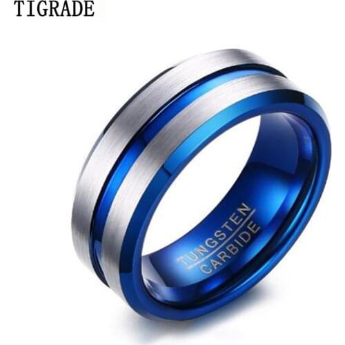 Tigrade Tungsten Carbide Ring Men Women Unisex Silver Color Blue Line Wedding Bands Carbon Fiber Groove Ring Quality Brand