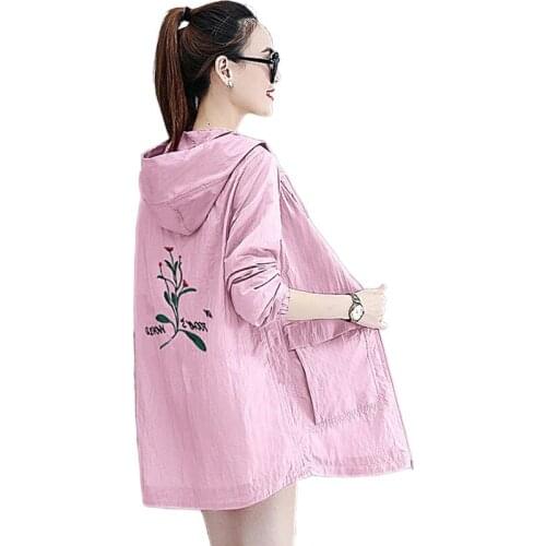 Women Summer Sun Protection Jacket Hooded Embroidered Thin Sunscreen Clothing Plus Size 6XL Anti-UV Outdoor Female Tops Coat