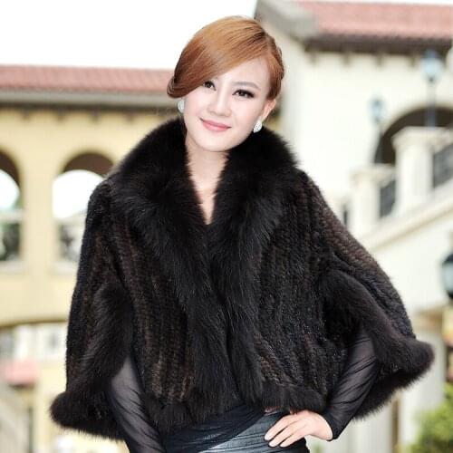 Winter Womens Genuine Knitted Mink Fur Shawl Fox Fur Trimming Batwing Sleeve Lady Poncho Wraps VF0323