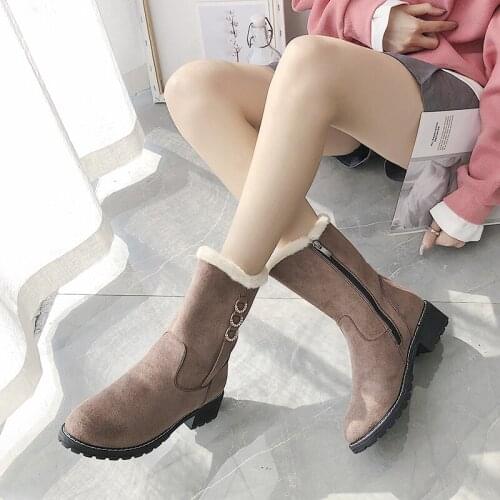 Lace Up Lady Boots High Boots Women Boots Mid-Calf Boots Solid Metal decoration Winter Fleece Snow Boots Chaussure U11-16