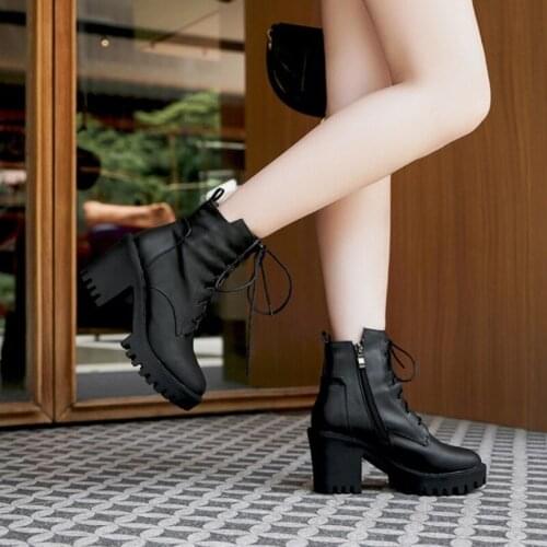 Spring 2021 New Fashion Ladies Short Booties Zipper Black Woman Shoes Thick Heels Round Toe Waterproof Mid Calf Female Boots