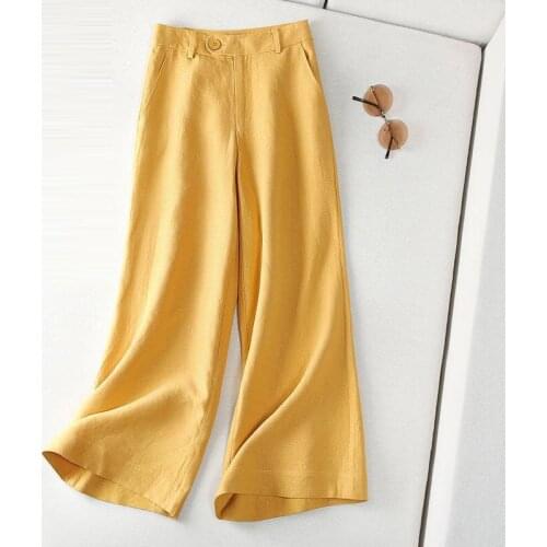 2020 Summer Womens High Waist Yellow Orange Black White Wide Leg Linen Pants , Laides Woman Clothing Spring Purple Trousers