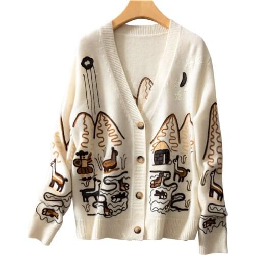 2021 Print V-neck Autumn White Cotton Knitted Cardigan Sweater Women CoatFemale Jumpers Casaul Buttons Women Tops Winter