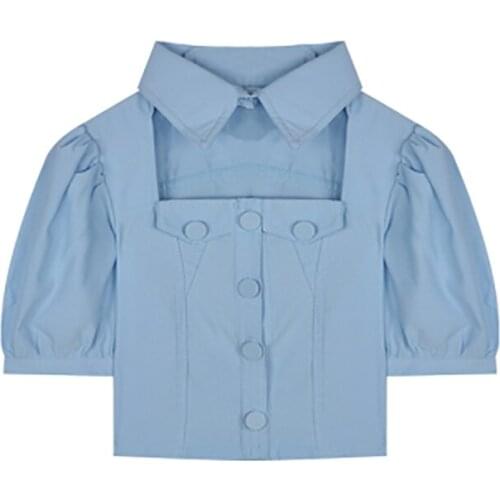 2020 New Design Feels Hollow Out Shirt Summer Shirt Short Sleeved Blouse Square Collar Shows Navel Hubble-bubble Sleeve