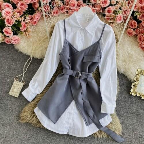 Spring Fashion Temperament Irregular Lace Sling Stitching Two-piece Medium-length Solid Color Shirt C159
