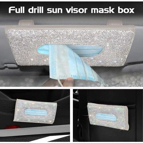 Car Tissue Holder Truck Automobile Sun Visor Backrest Napkin Box Rhinestones Masks Storage Case with 2pcs Masks Hanging Hooks