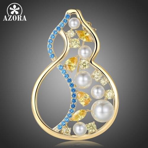 AZORA Multicolor Cubic Zirconia Gourd Brooch Cute Pearl Pins Jewelry for Women Girls Fashion Jewelry Party Gifts 2019 New TP0103