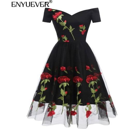 Enyuever Elegant Party Dresses For New Year 2021 Embroidery Rose Floral V Neck Sleeve Black Women Dress Runway Clothes Vestidos