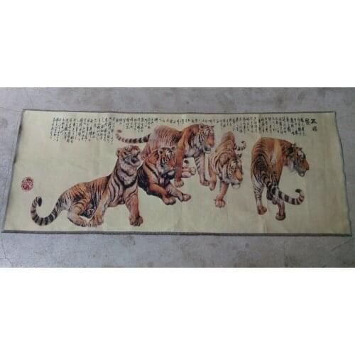 Delicate Chinese Tibet style manual silk scroll of the five tigers picture