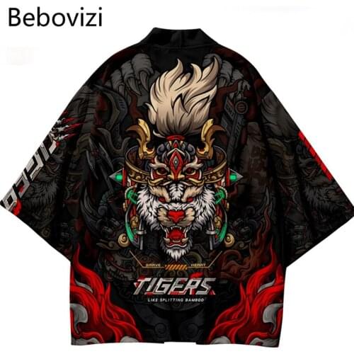 Japanese Cardigan Women Men Cosplay Yukata Suit Plus Size S-6XL Tiger Print Loose Clothing Harajuku Samurai Kimono + Pants Sets