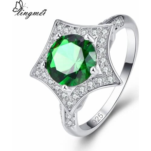 Lingmei New Comes Stars Design Round Cut Green & White Cubic Zirconia Silver Color Ring Size 6-9 Women Fashion Flower Jewelry