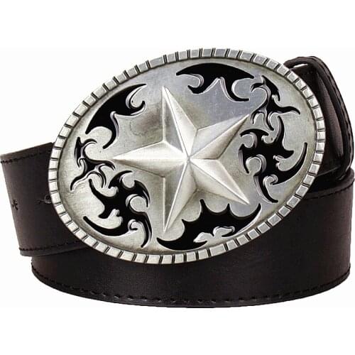 Mens leather belt metal buckle Five pointed star pattern pentagram Totem belts punk rock style trend belt for men