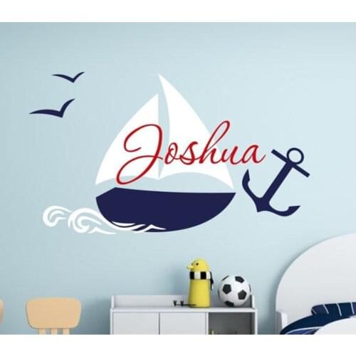 Custom Name Boys Room Nautical children name wall decal sailing boat wall sticker for boy nursery decor DIY home decoration D-50