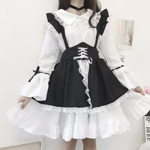New Black and White Maid Costume Lolita Dress Cute Japanese Party Dress Vestidos Gothic Style Set with Choker For Women Anime