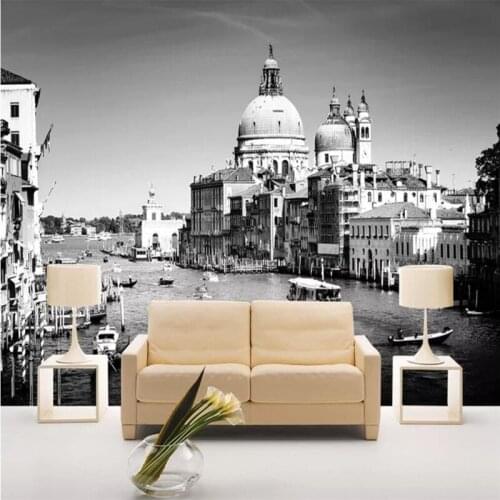 Custom wallpaper water city black and white building wall decoration - high-grade waterproof material
