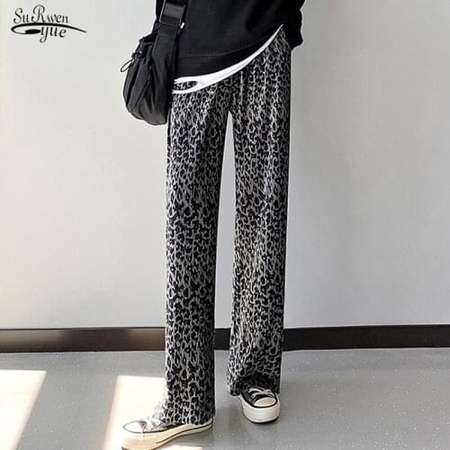 Casual Leopard Black Pants Tie-dyed Pants Wide Leg Pants Women 2021 Autumn Loose Straight Pants Loose High Waist Trousers 16442