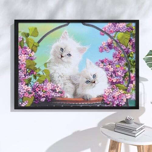 Needlework,DIY Ribbon Cross stitch Sets for Embroidery kit, Kawaii White Cat & Flower Picture Ribbon Cross-Stitch Wall Decor