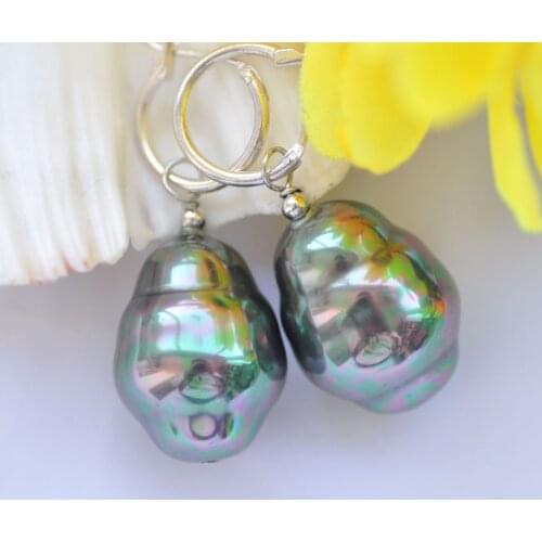 P7711 24mm Baroque White Peacock-Black Shell Pearl Dangle Earring 925Silver