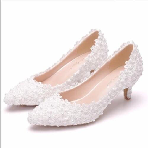 Sexy Lace pointed toe wedding shoes Crystal Pink White Lace Wedding Shoes Heel Shoes White Lace Pumps Princess Birthday Heels