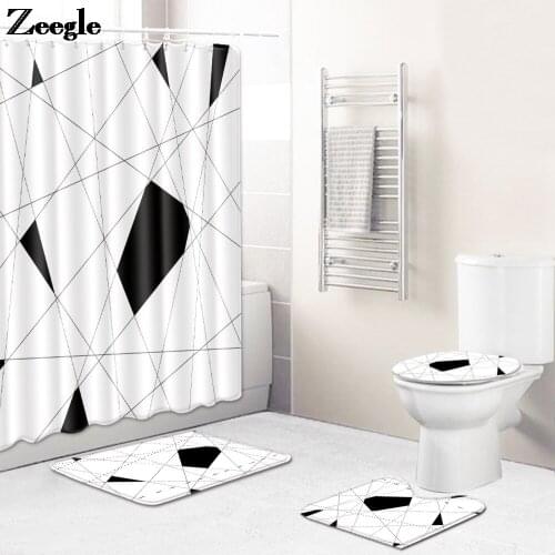 Waterproof Bath Mat and Microfiber Shower Curtain Set Bathroom Carpet Toilet Seat Cushion with Absorbent Foor Mat Set