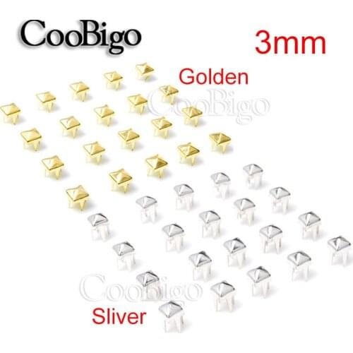 200pcs 3mm Square Pyramid Studs Rivets Four Claw Metal Studs Rivets for Leather Punk Stud Shoes DIY Craft Bracelets Accessories