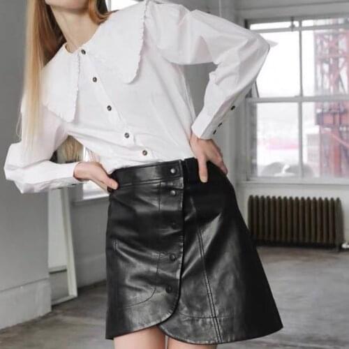 Women High Quality Cotton Contrast Stripe Or White Big Lapel Blouse Shirt With Long Sleeve & Ruffled Detail