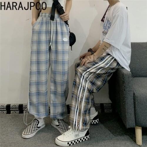 Harajpoo Women Pants Plaid Female Summer Korean Version Ins Retro Wild Straight Wide-leg Lovers Loose Feet Casual Trousers Tide