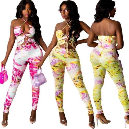 Casual Print Lace Up Overalls for Women Jumpsuit Sexy Halter Cross Straps Hollow Out Pencil Pants Bodycon Club Jumpsuit Women