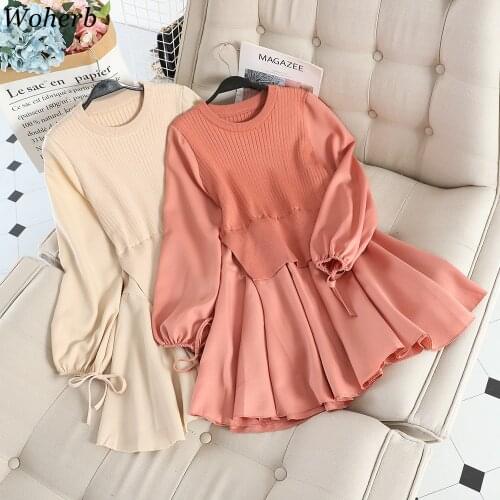Woherb Fake Two Knitwear Dress Women Korean Patchwork Ruffles Knitted Vestidos O-neck Slim Fit Robe Sweet Pleated Dresses 4e965