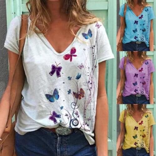 2021 Summer T-Shirt Lady Short Sleeve Printed V-Neck Tops Butterfly Print Tee Casual Loose Top Womens Clothing