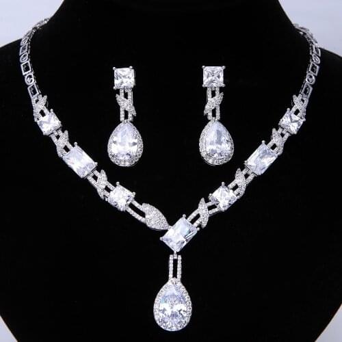Luxury Brilliant Cubic Zirconia Clear Waterdrop And Cirrus fashion Style Wedding Bridal Earring Necklace jewelry set N0324