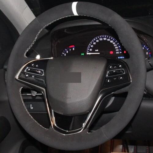 Black Suede White Marker DIY Hand-stitched Car Steering Wheel Cover for Cadillac ATS 2013-2015 CTS 2014-2016