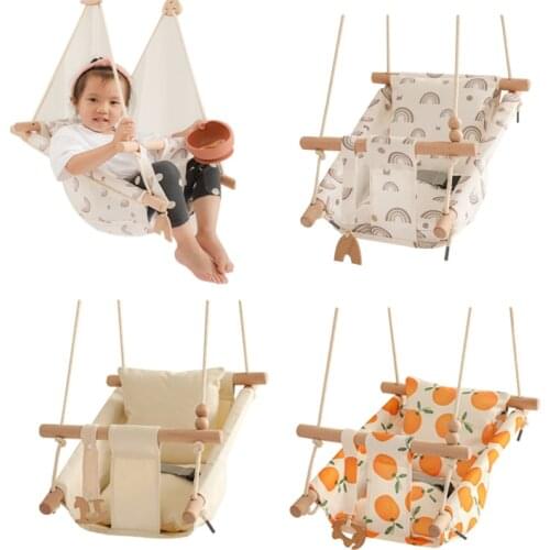 Toddler Swing Wooden Canvas Baby Swing Seat Outdoor Upgraded Version Thick Rope Sling Baby Swing Chair Pillow Safety Buckle