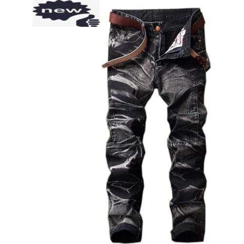 Euro Retro Mens Vintage Straight Skinny Motor Biker Male Pants Full Length Zipper Punk Denim Trousers Jeans Hombre