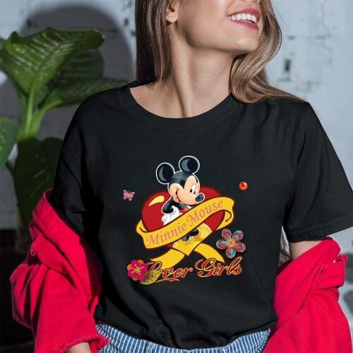 Summer T-Shirt Female Kawaii Pattern Short Sleeve Dropship Disney Mickey Mouse Cartoon Printing Fashion Harajuku Black White Top