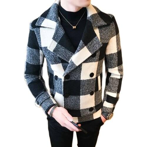 Mens Winter Autumn New Plaid Lapel Long Sleeve Slim Jacket / Male Fashion British Style High Quality Wool Coat Short Overcoat