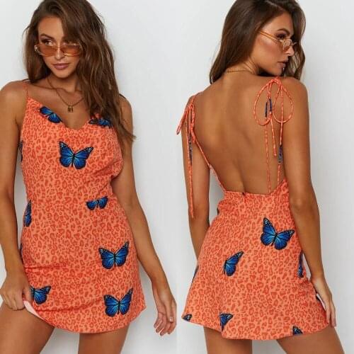 Summer new European and American fashion retro butterfly print strap slim slimming dress