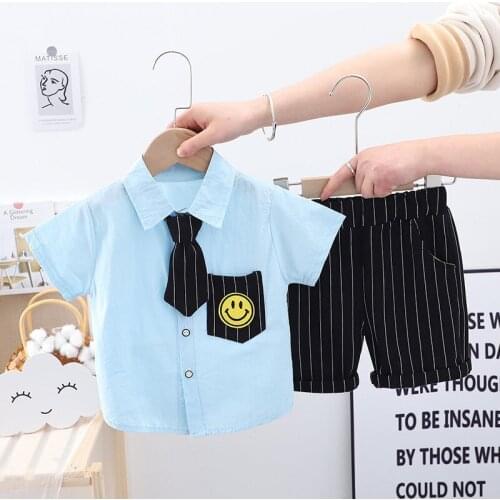 Fashion 100% Cotton Childrens Clothing Sets Summer Kids Clothing Sets Necktie Clothing for Boys Shirt+Shorts Boys Clothes 1-5 Y