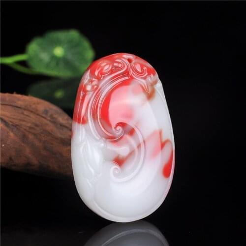 Natural Red White Jade Ruyi Pendant Necklace Jewellery Chinese Hand-Carved Relax Healing Fashion Charm Amulet Gifts Women