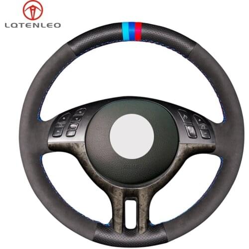 LQTENLEO Steering Wheel Cover Black Genuine Leather Suede For BMW 3 Series E46 5 Series E39 2000-2006 E53 X5 Z3 E36 2000-2002
