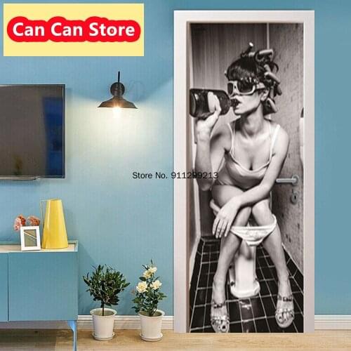 Toilet Girl Sexy Mural Wallpaper Self Adhesive PVC Removable Waterproof Doors Door Sticker Wrap Wall Sticker Decal Woman Rooms