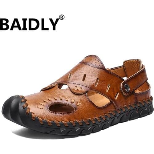 Summer Sandals New Style Men Breathable Genuine Leather Sandals Casual Anti-slip Sandals Closed-toe Youth Sandals Men Shoes